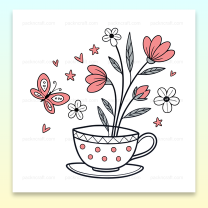 Illustration d'un papillon avec des fleurs dans une tasse, idéal pour décoration printanière