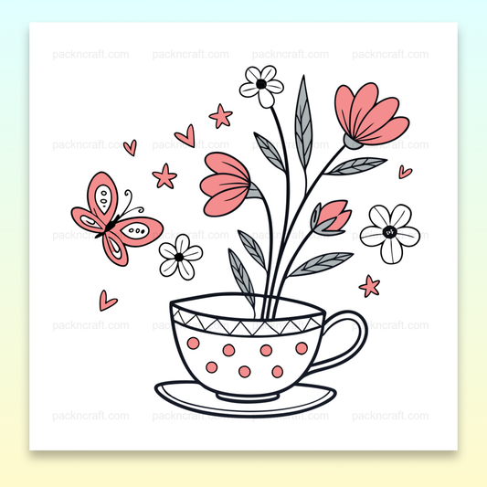 Illustration d'un papillon avec des fleurs dans une tasse, idéal pour décoration printanière