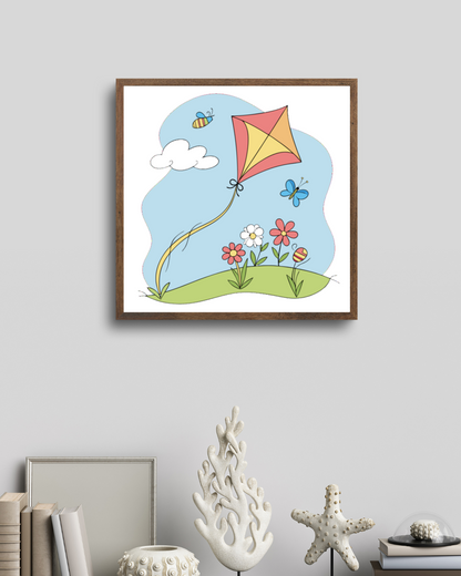 Cadre avec cerf-volant pastel joyeux, touche de nature printanière