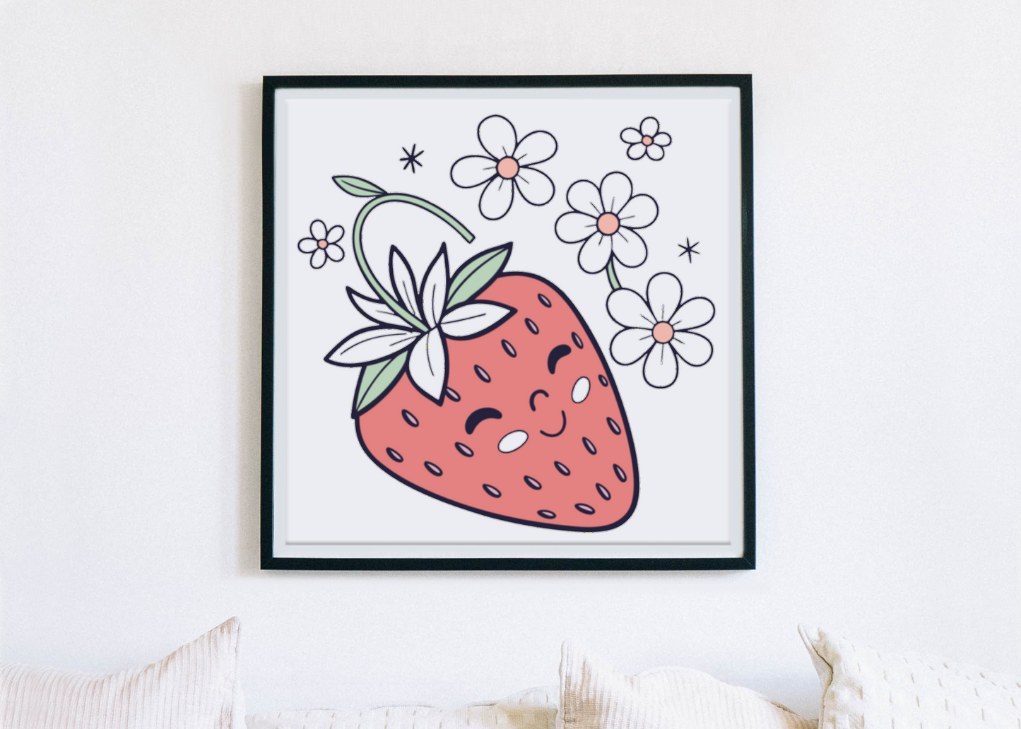 Cadre décoratif avec fraise souriante et fleurs joyeuses style kawaii