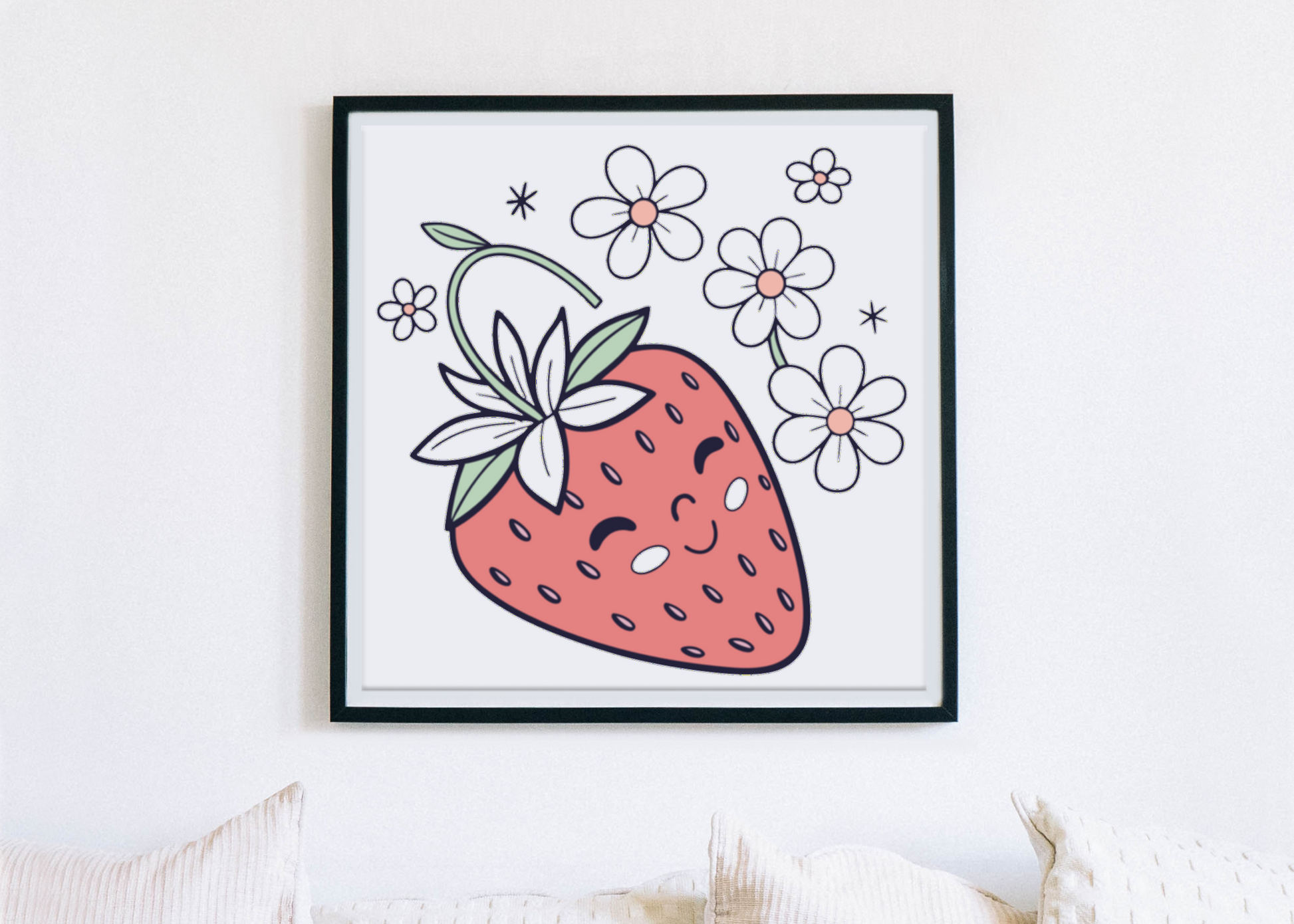 Cadre décoratif avec fraise souriante et fleurs joyeuses style kawaii
