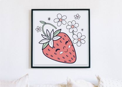 Cadre décoratif avec fraise souriante et fleurs joyeuses style kawaii