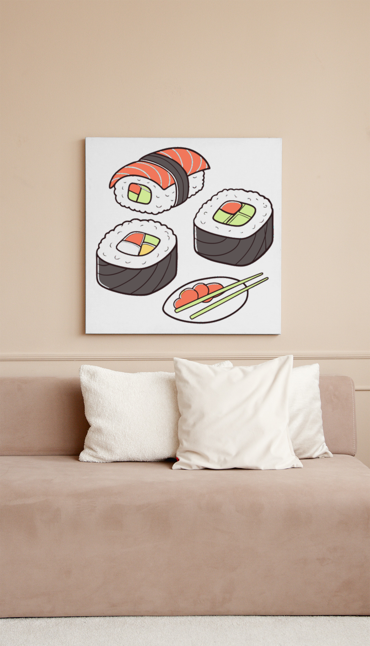 Cadre affichant des sushis kawaii sur fond blanc un délice pour les amateurs de déco