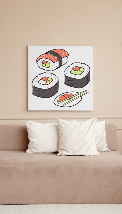 Cadre affichant des sushis kawaii sur fond blanc un délice pour les amateurs de déco