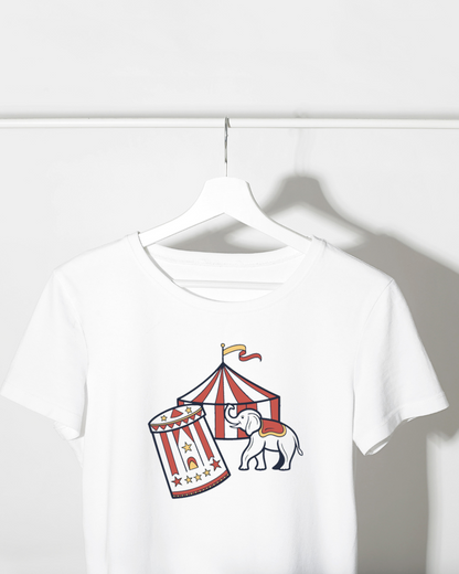 T-shirt avec design éléphant et chapiteau, parfait pour créations personnalisées