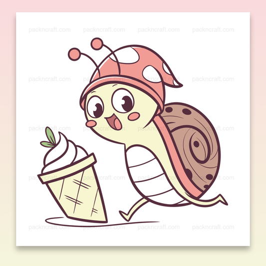 Illustration d'un escargot joyeux avec une glace, style pastel, pour papeterie.
