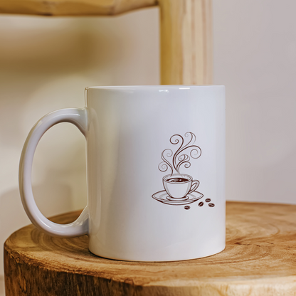 Mug élégant avec icône minimaliste de café en ambiance chaleureuse