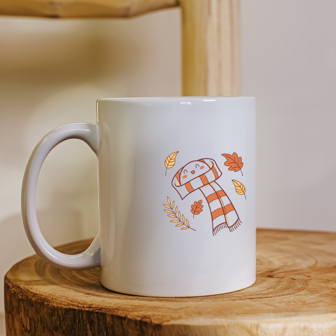 Mug blanc avec motif minimaliste automnal élégant de feuilles vertes et rouges