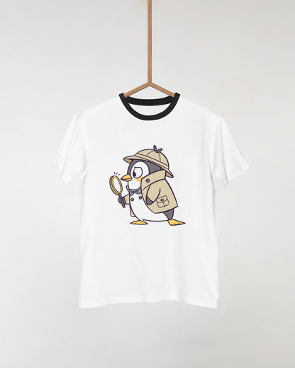 T-shirt avec pingouin détective en style doodle, ambiance aventure et mystère