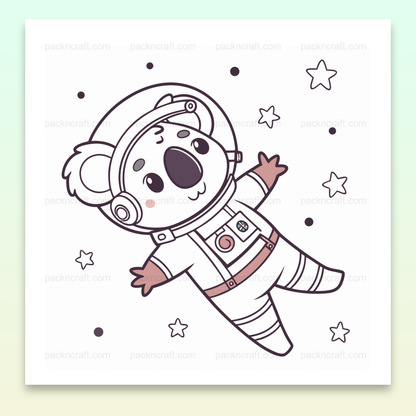 Illustration kawaii d'un koala astronaute flottant dans l'espace, fichier SVG et PNG, parfait pour projets créatifs.