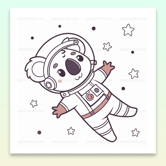 Illustration kawaii d'un koala astronaute flottant dans l'espace, fichier SVG et PNG, parfait pour projets créatifs.