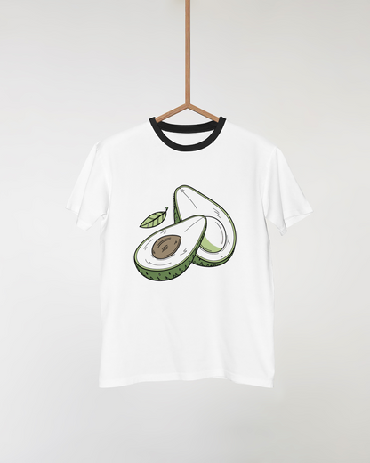 T-shirt moderne affichant un avocat stylisé en motif doodle vert exaltant la vitalité