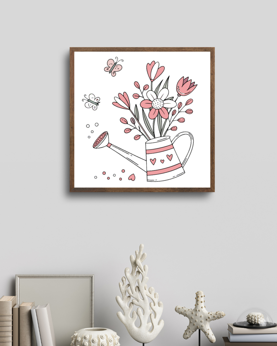 Cadre décoratif en pastel illustrant un arrosoir fleuri entouré de papillons