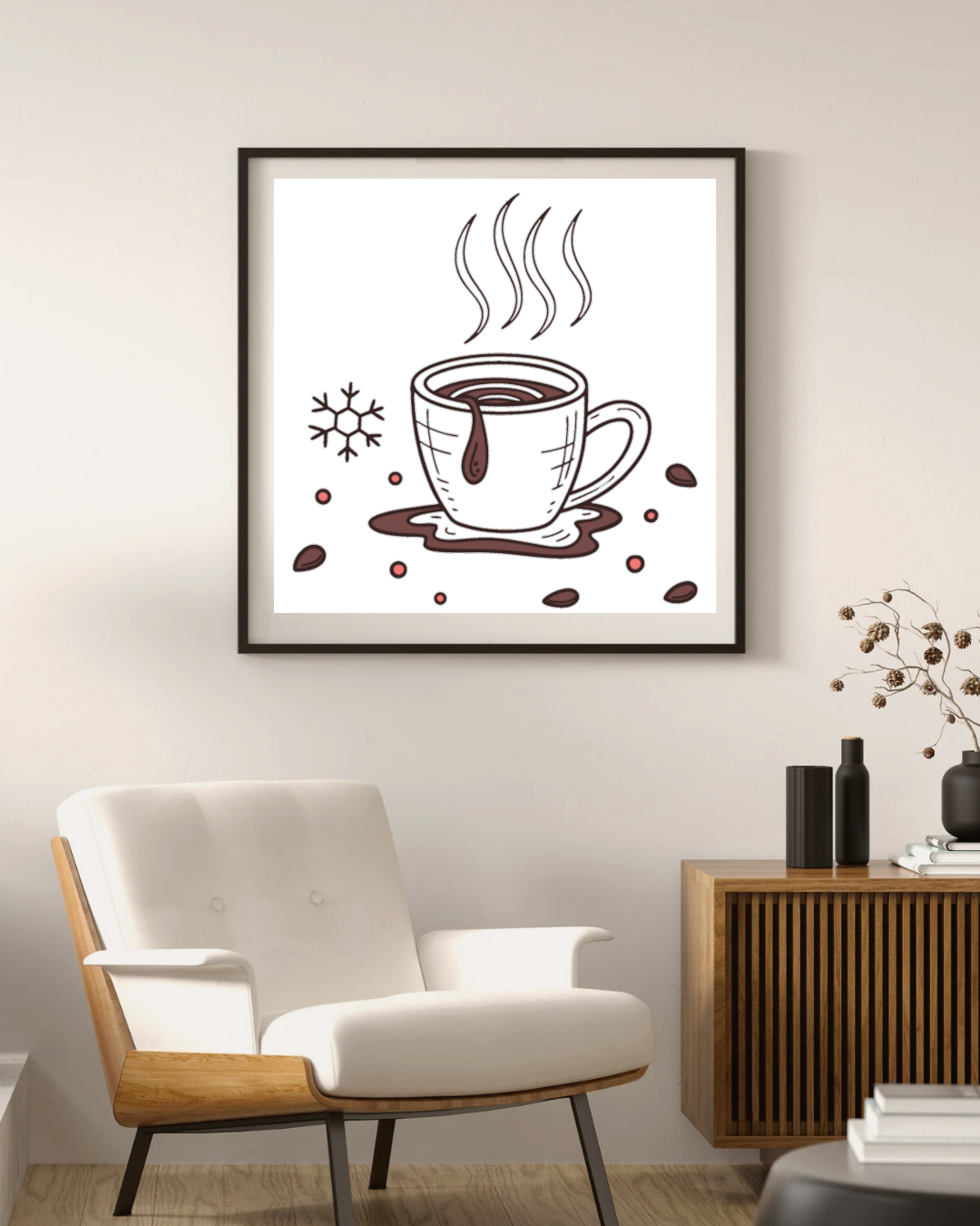 Cadre décoratif avec doodle hivernal évoquant un chocolat chaud cosy