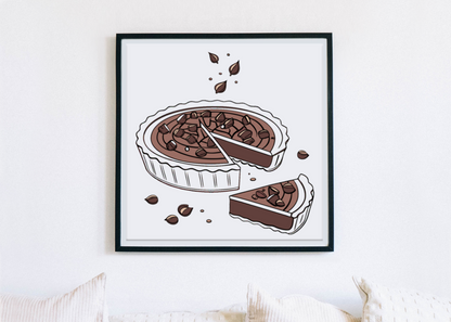 Cadre avec icône appétissante de tarte choco noisette sur fond épuré