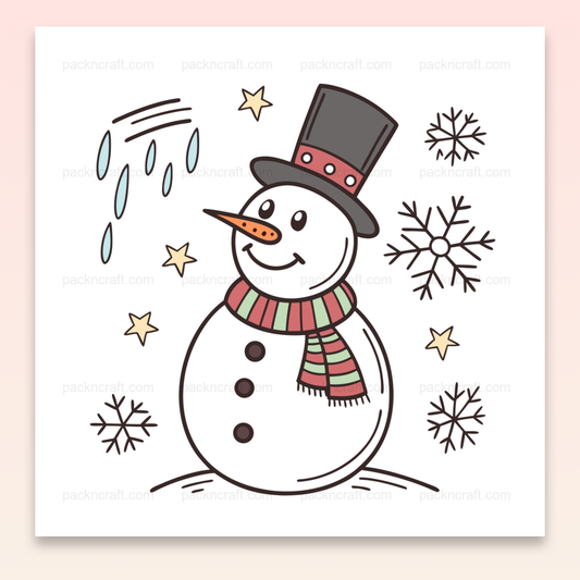 Illustration d'un bonhomme de neige joyeux avec des flocons, en SVG, pour déco et projets DIY