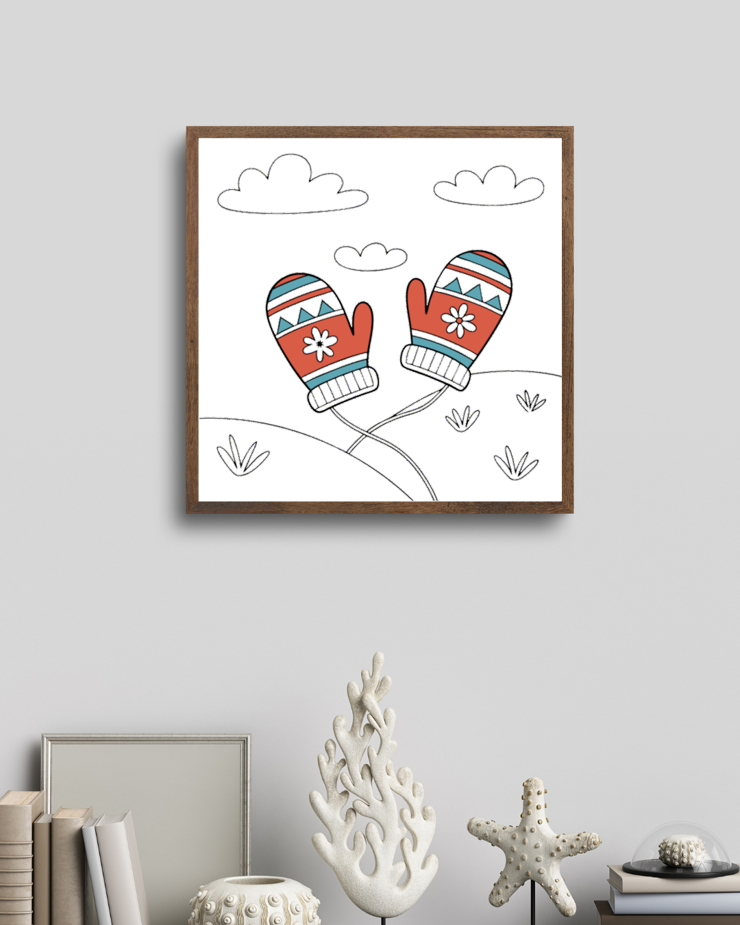 Décor mural cadre avec des moufles stylisées pour une touche cocooning