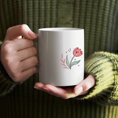 Mug décoré de doodles pastels, ambiance printanière, fleur joviale chantante