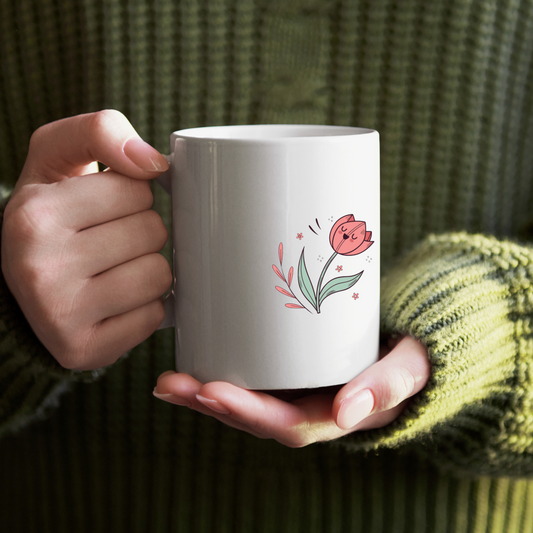 Mug décoré de doodles pastels, ambiance printanière, fleur joviale chantante