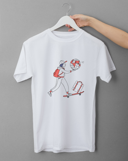 T-shirt minimaliste avec voyageur sur skateboard pour des aventures mondiales