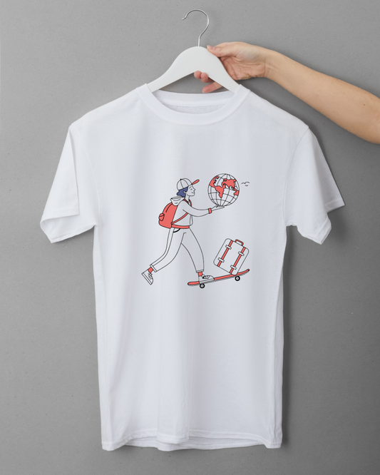 T-shirt minimaliste avec voyageur sur skateboard pour des aventures mondiales