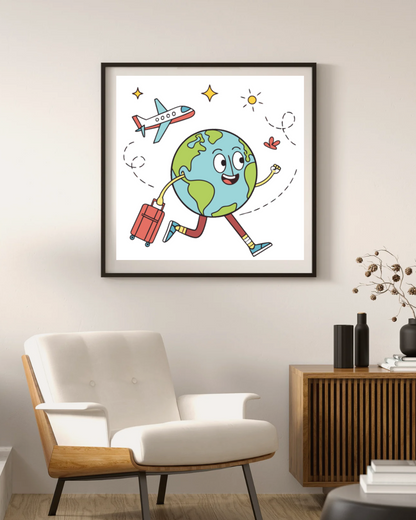Cadre mural aventure avec globe souriant dans un style dessiné, thème explorateur