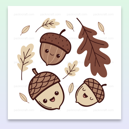 Illustration de glands souriants et feuilles automnales en SVG doodle pour création.