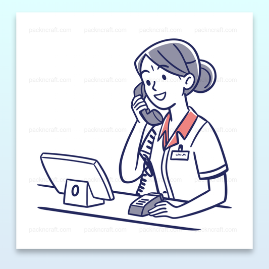 Illustration d'une réceptionniste souriante répondant au téléphone pour des projets DIY., Réceptionniste au téléphone dans un cadre moderne, idéale pour la décoration de bureau., Design vecteur d'une réceptionniste au téléphone, parfait pour une tasse personnalisée., Autocollant de réceptionniste au téléphone pour personnalisation ou papeterie., T-shirt avec réceptionniste accueillante, idéal pour uniformes ou écoles de secrétariat.