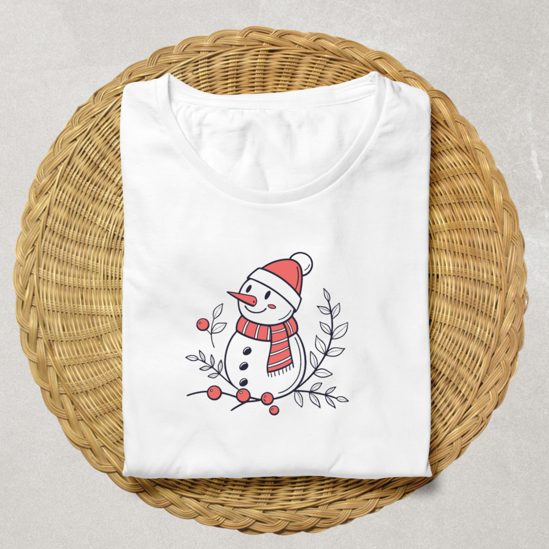 T-shirt festif illustré d'un bonhomme de neige joyeux sur un fond hivernal magique