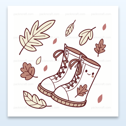 Illustration vintage de bottes animées parmi des feuilles d'automne, idéale pour DIY et décoration.