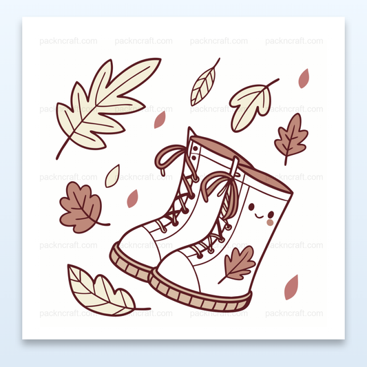 Illustration vintage de bottes animées parmi des feuilles d'automne, idéale pour DIY et décoration.