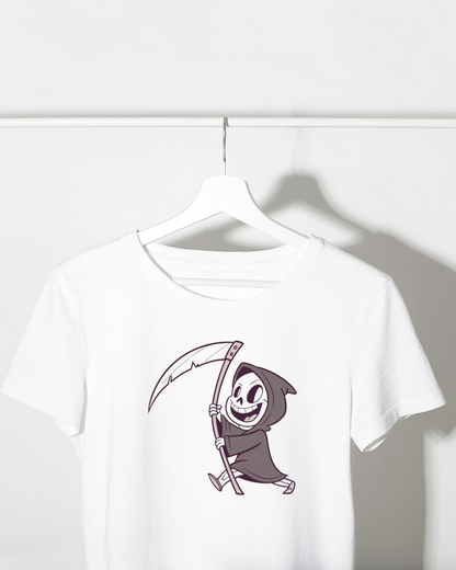 T-shirt avec une faucheuse ludique dans un style Halloween graphique