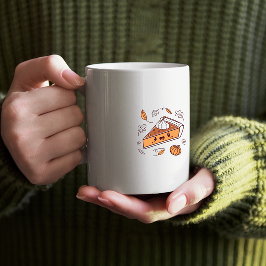 Mug cosy avec tarte souriante, style automne kawaii, ambiance chaleureuse