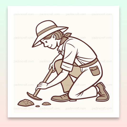 Illustration d'un archéologue brossant des fossiles en exploration., Graphique de t-shirt d'un archéologue découvrant des fossiles., Stickers décoratifs d'un archéologue en pleine action., Tasse ornée d'une image d'exploration archéologique., Cadre d'un archéologue en recherche de fossiles.