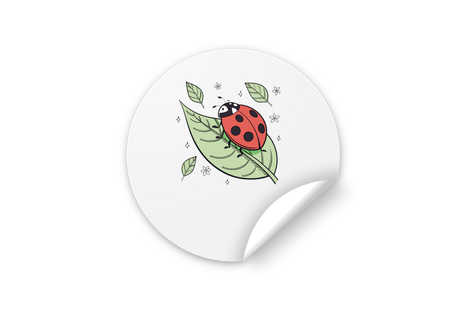 Sticker avec coccinelle souriante posée sur feuille, ambiance nature élégante
