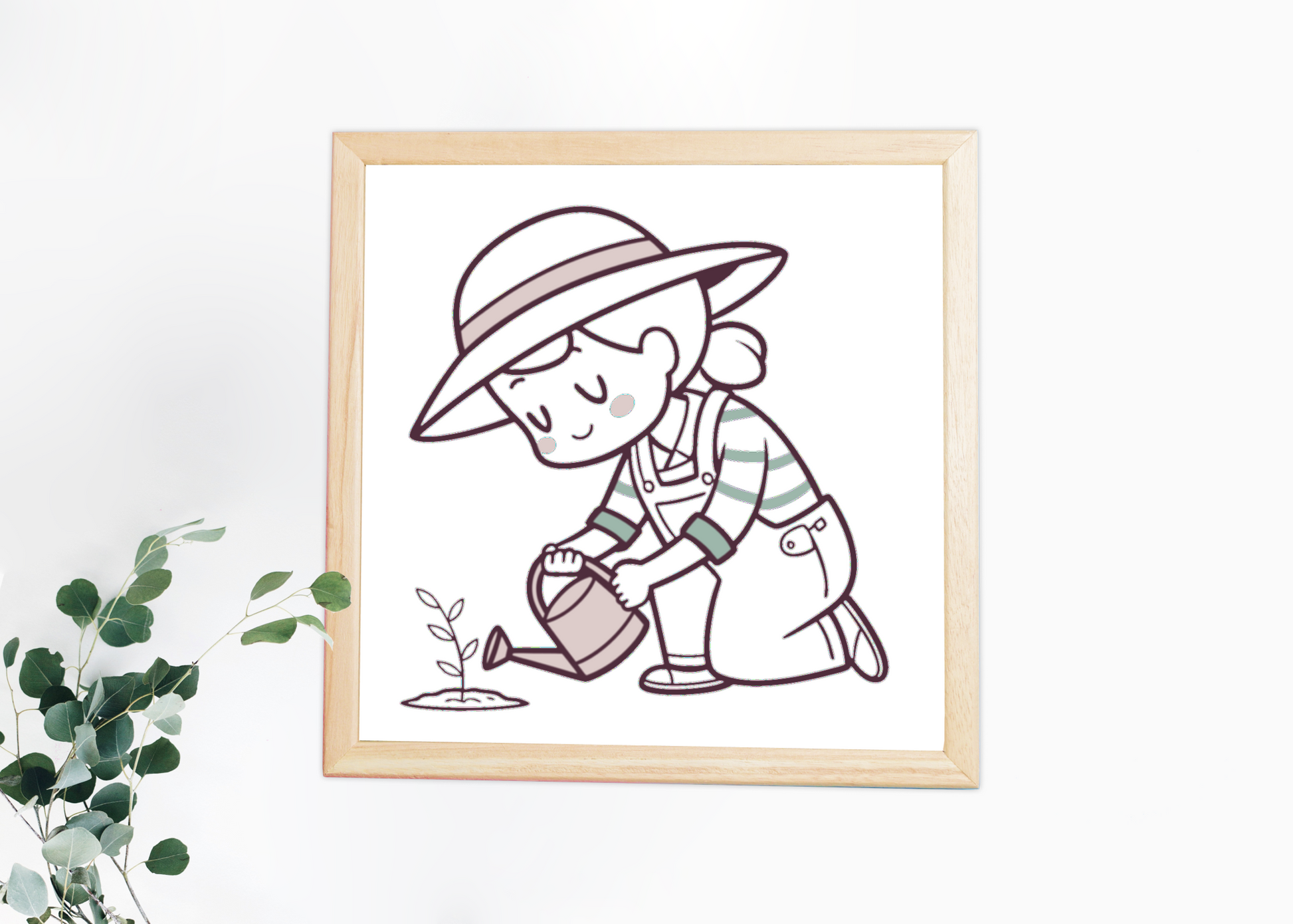 Cadre avec dessin kawaii d'un jardinier heureux dans un contexte printanier coloré