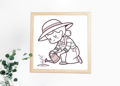 Cadre avec dessin kawaii d'un jardinier heureux dans un contexte printanier coloré