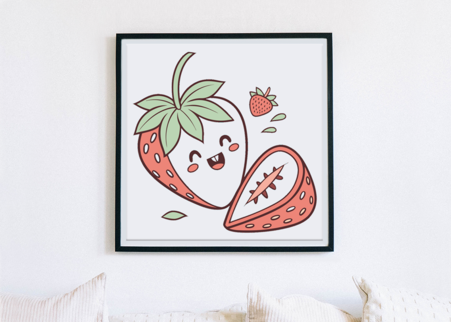 Cadre avec fraise souriante en style Kawaii pour une décoration murale amusante