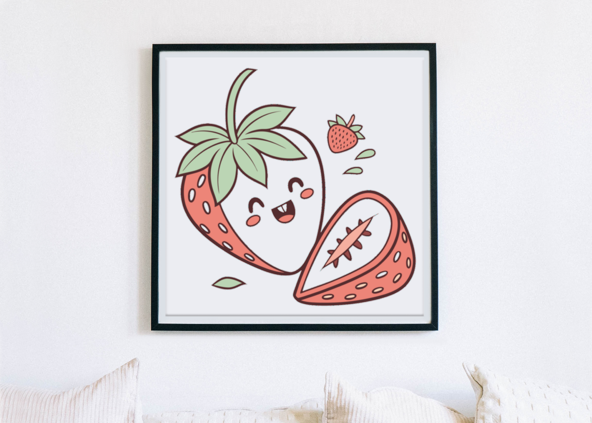 Cadre avec fraise souriante en style Kawaii pour une décoration murale amusante