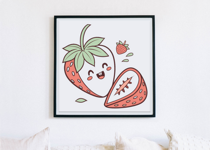 Cadre avec fraise souriante en style Kawaii pour une décoration murale amusante