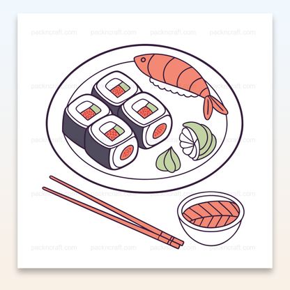 Illustration minimaliste d'une assiette de sushi, idéale pour déco et papeterie