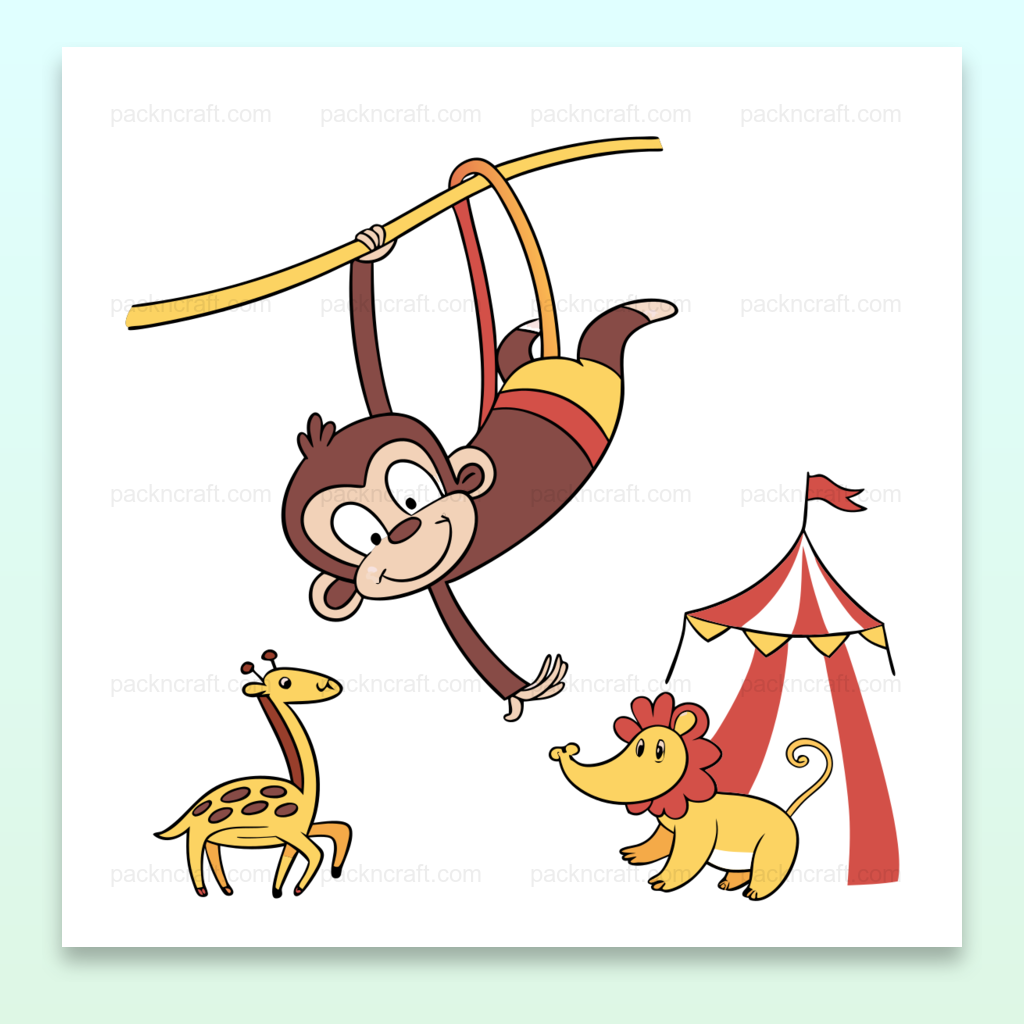 Illustration d'un singe acrobatique dans un cirque, idéal pour projets créatifs et éducatifs.