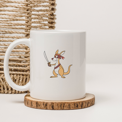 Mug avec motif cartoon de kangourou guerrier dans une aventure épique et colorée