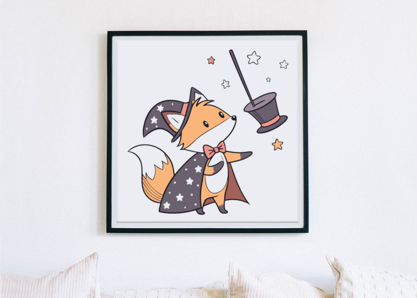 Cadre décoratif avec renard magicien charmant sur fond féerique fantaisie