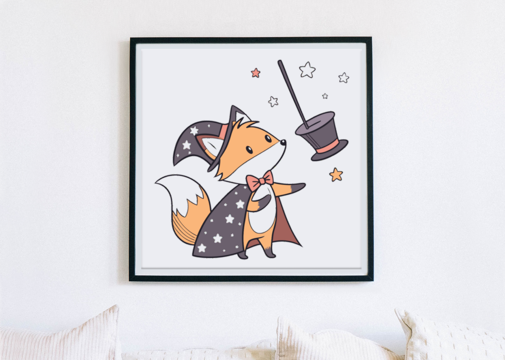 Cadre décoratif avec renard magicien charmant sur fond féerique fantaisie