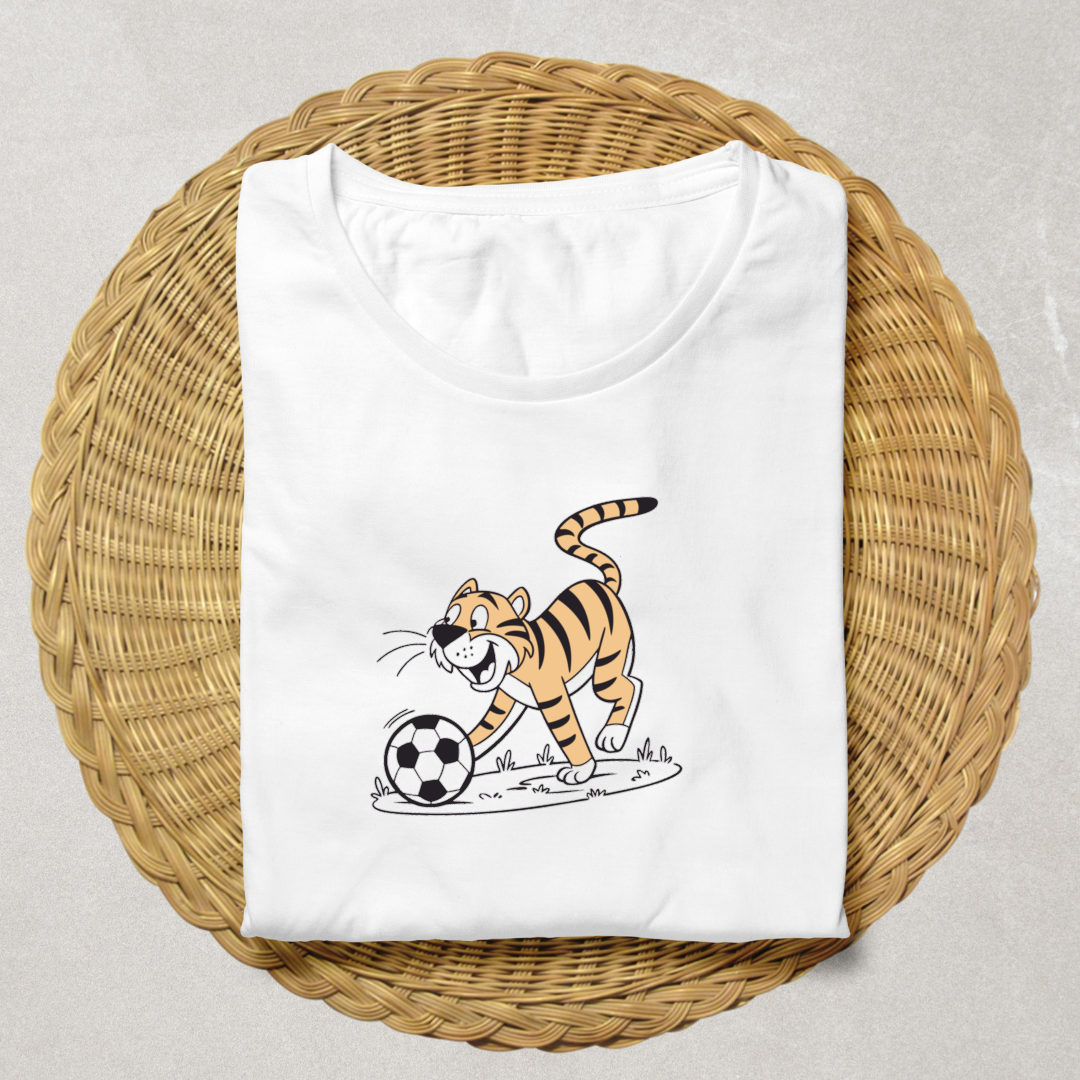 Design audacieux sur t-shirt avec tigre sportif jouant au ballon