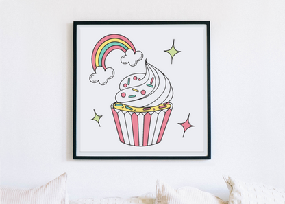 Cadre avec illustration pastelle d'un cupcake joyeux multicolore