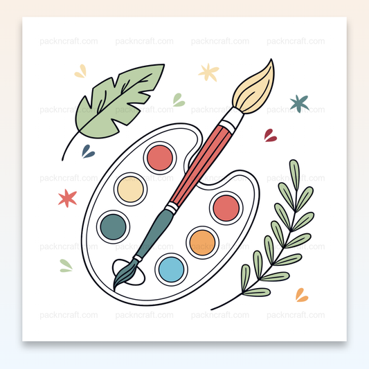Palette et pinceau vibrants pour projets DIY et éducatifs., Illustration vectorielle de palette encadrée pour décorations artistiques., Design de t-shirt artistique avec palette et pinceau pour amateurs de peinture., Tasse personnalisée avec une palette de couleurs inspirante pour artistes., Sticker créatif de palette et pinceau pour art et papeterie.