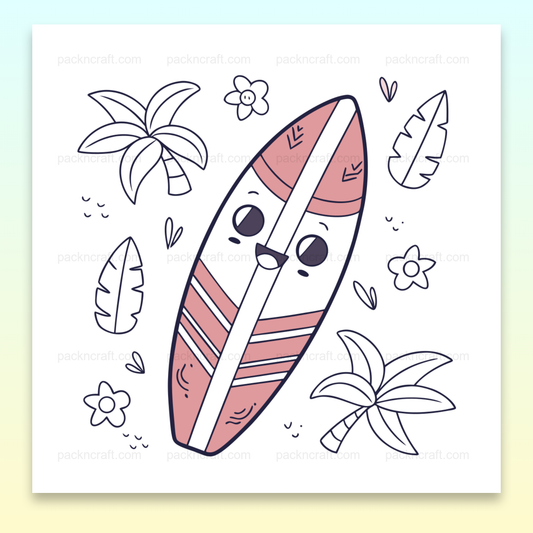 Illustration de planche de surf joyeuse en style doodle pour projets DIY.