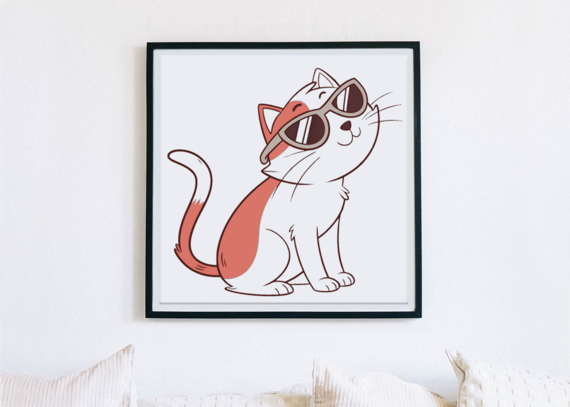 Cadre orné d'un chat stylé portant des lunettes, style cartoon adorable